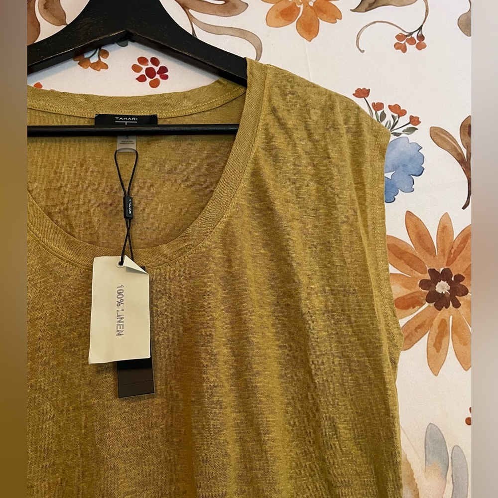 NWT T. Tahari S Lightweight 100% Linen Marigold Yellow Muscle Tee Resortcore Top